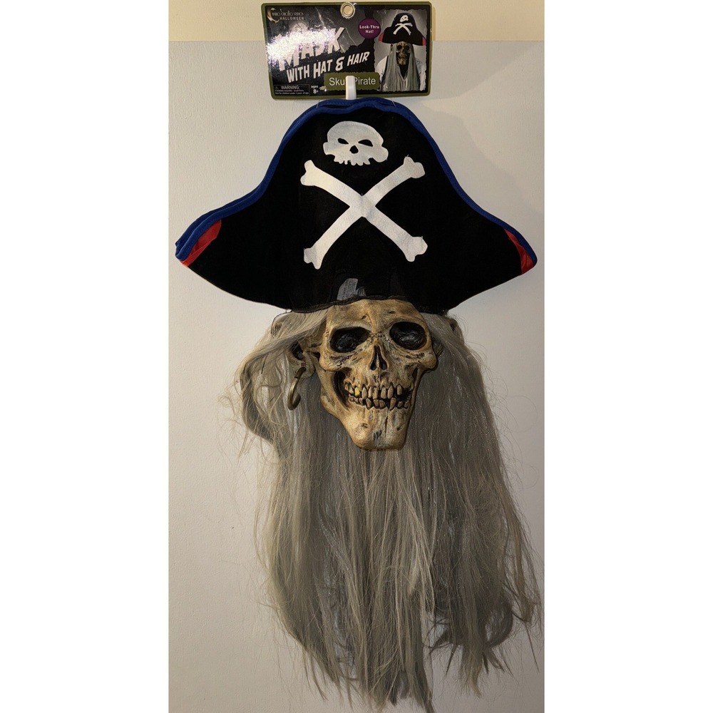 Vtg Pirate Skull Mask Mario Chiodo Studios Long Gray Hair Crossbones Creepy 2005
